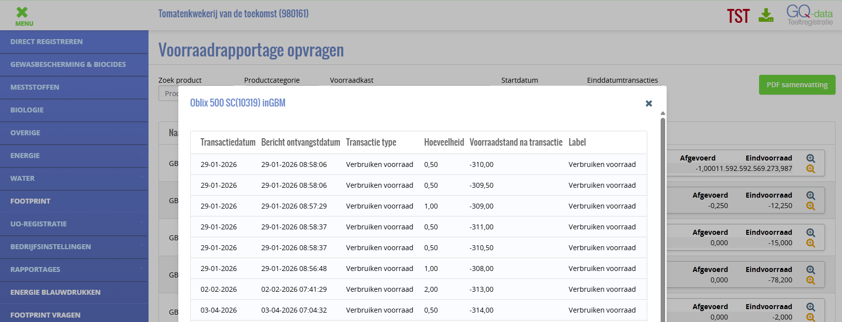 Voorraaddetail met voorraadstand na transactie